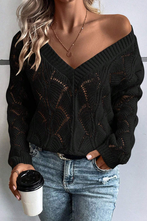 Textured Geometric Open Knit V Neck Sweater