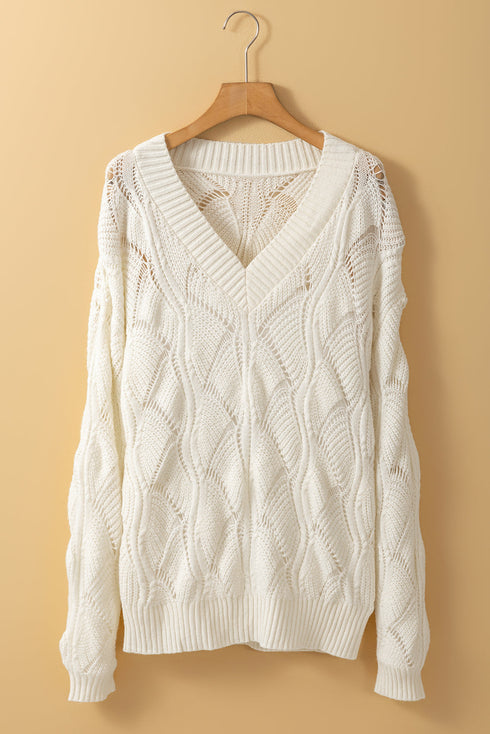 Textured Geometric Open Knit V Neck Sweater