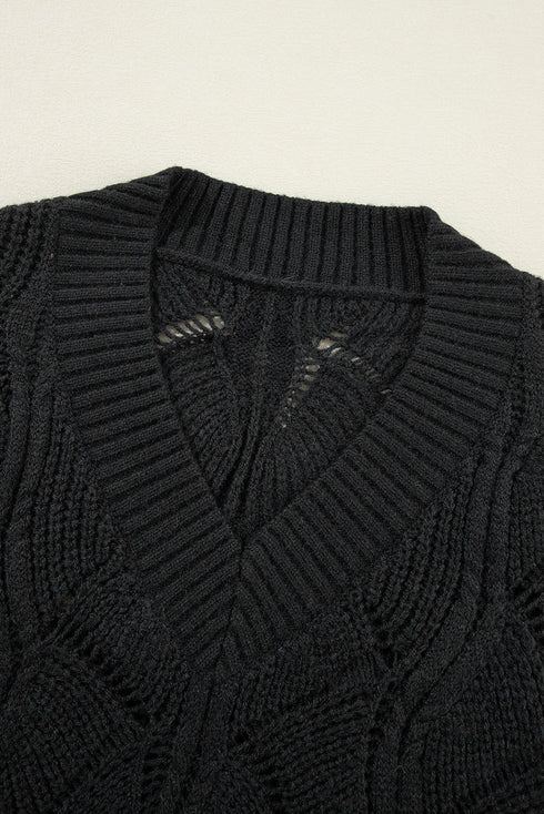 Textured Geometric Open Knit V Neck Sweater