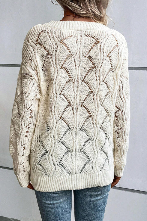 Textured Geometric Open Knit V Neck Sweater