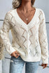 Textured Geometric Open Knit V Neck Sweater