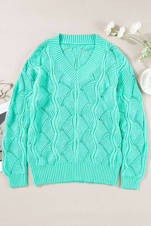 Textured Geometric Open Knit V Neck Sweater