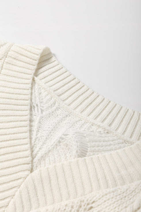 Textured Geometric Open Knit V Neck Sweater