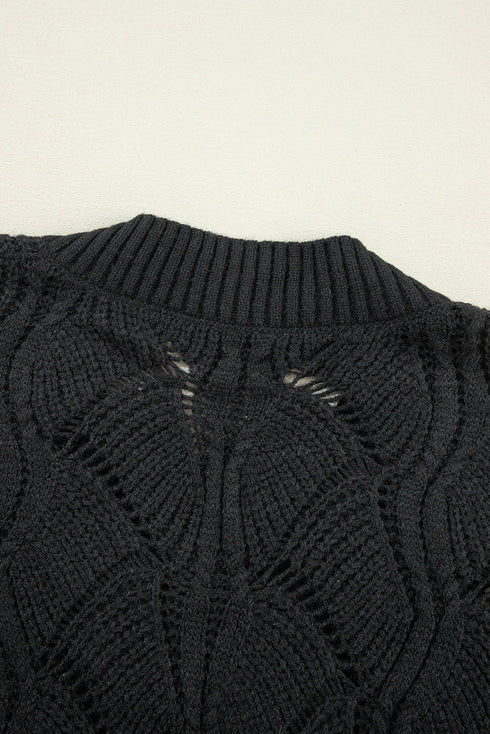 Textured Geometric Open Knit V Neck Sweater