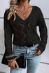 Textured Geometric Open Knit V Neck Sweater