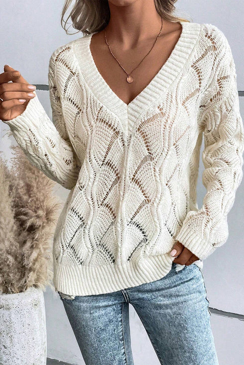 Textured Geometric Open Knit V Neck Sweater
