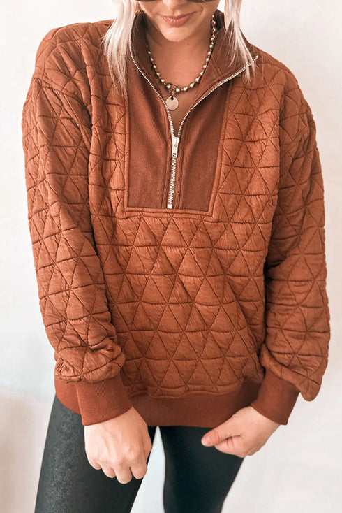 Textured Geometric Quilted Half Zip Long Sleeve Pullover