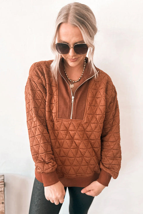 Textured Geometric Quilted Half Zip Long Sleeve Pullover