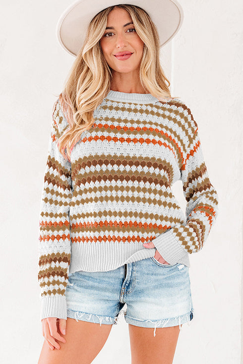 Textured Geometric Stripe Crew Neck Long Sleeve Pullover Sweater