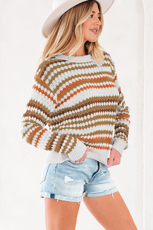 Textured Geometric Stripe Crew Neck Long Sleeve Pullover Sweater