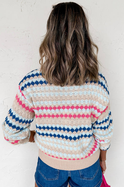 Textured Geometric Stripe Crew Neck Long Sleeve Pullover Sweater