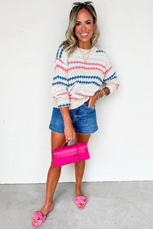 Textured Geometric Stripe Crew Neck Long Sleeve Pullover Sweater