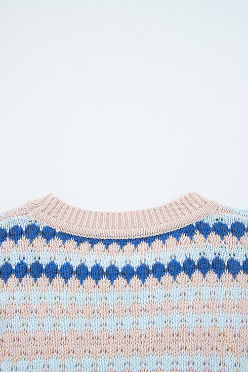 Textured Geometric Stripe Crew Neck Long Sleeve Pullover Sweater