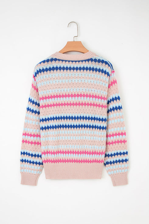 Textured Geometric Stripe Crew Neck Long Sleeve Pullover Sweater