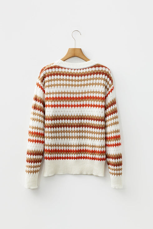 Textured Geometric Stripe Crew Neck Long Sleeve Pullover Sweater