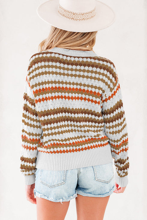 Textured Geometric Stripe Crew Neck Long Sleeve Pullover Sweater