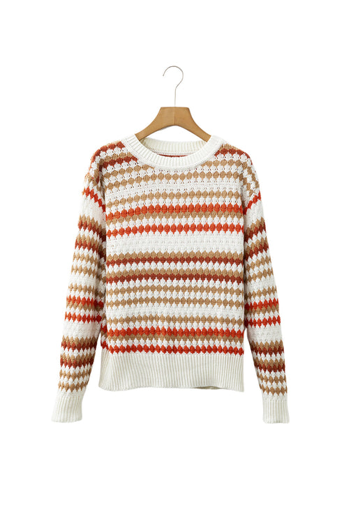 Textured Geometric Stripe Crew Neck Long Sleeve Pullover Sweater