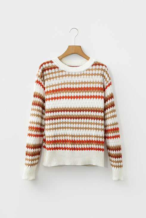 Textured Geometric Stripe Crew Neck Long Sleeve Pullover Sweater