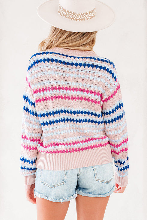 Textured Geometric Stripe Crew Neck Long Sleeve Pullover Sweater