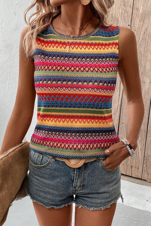 Textured Geometric Stripe Knit Sleeveless Tank Top