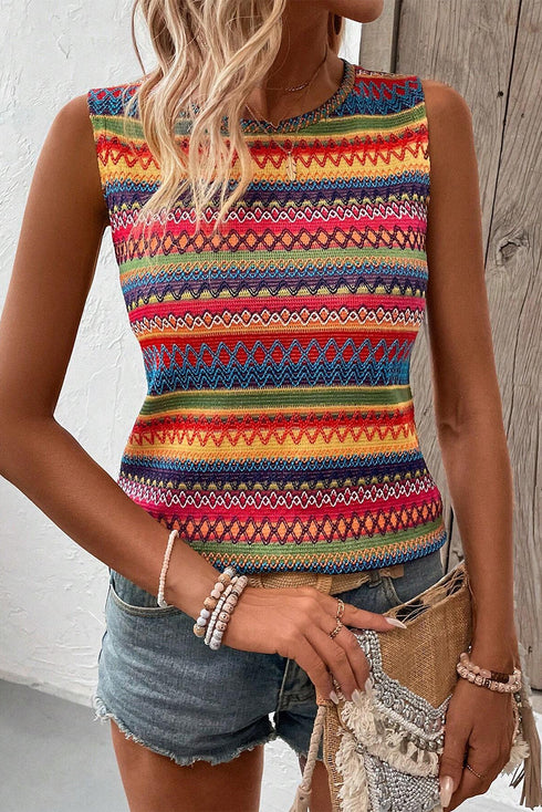 Textured Geometric Stripe Knit Sleeveless Tank Top