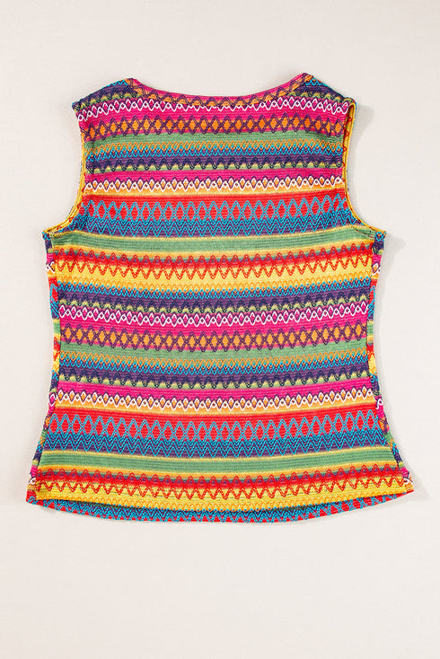 Textured Geometric Stripe Knit Sleeveless Tank Top
