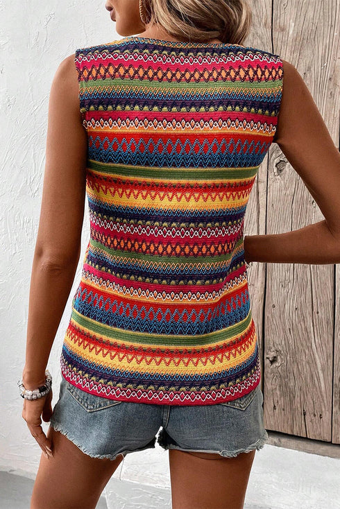 Textured Geometric Stripe Knit Sleeveless Tank Top