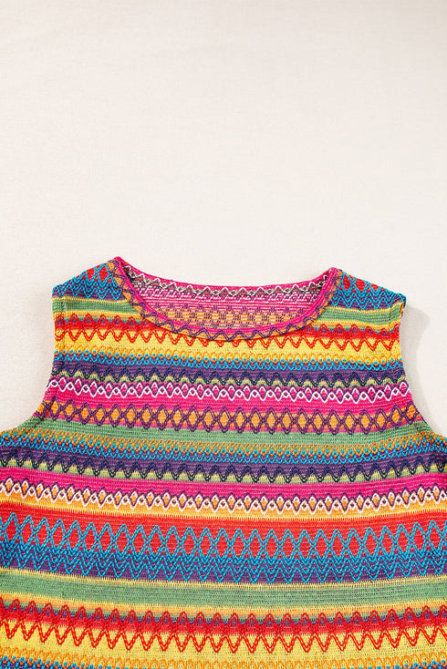 Textured Geometric Stripe Knit Sleeveless Tank Top