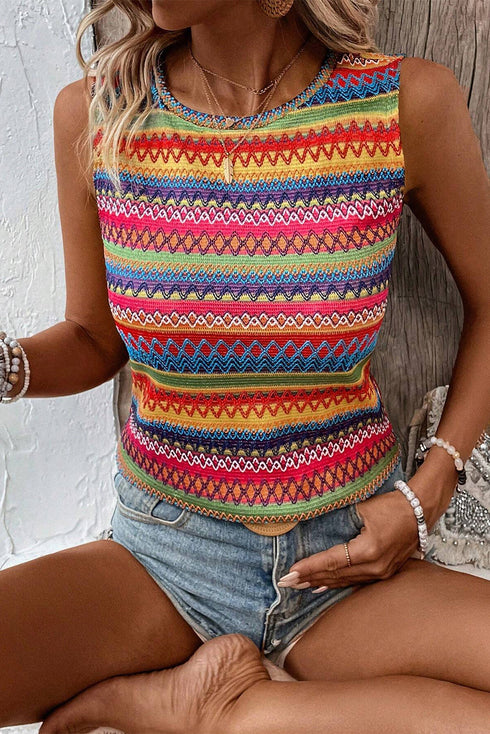 Textured Geometric Stripe Knit Sleeveless Tank Top