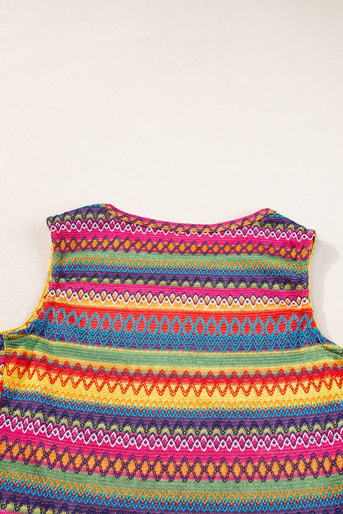 Textured Geometric Stripe Knit Sleeveless Tank Top