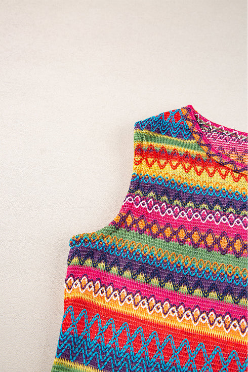 Textured Geometric Stripe Knit Sleeveless Tank Top