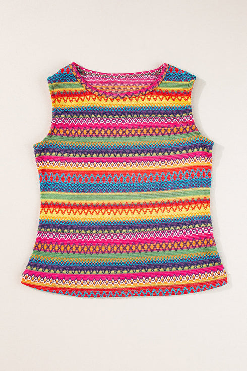 Textured Geometric Stripe Knit Sleeveless Tank Top