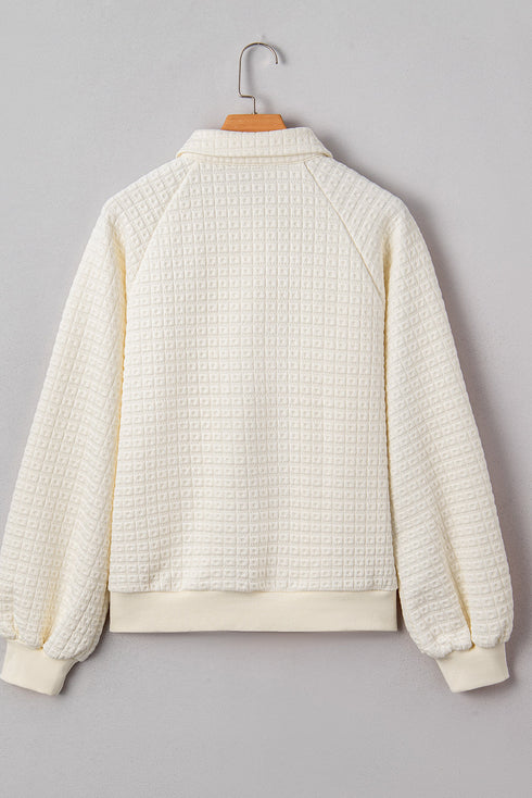 Textured Grid Knit Button Front Collared Pullover