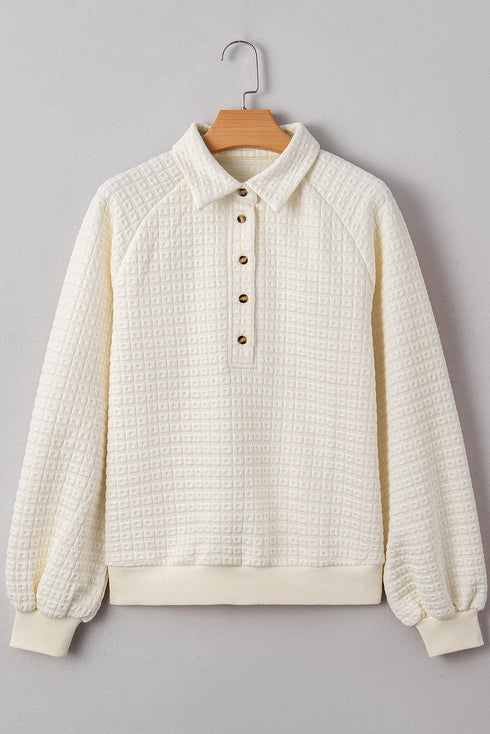 Textured Grid Knit Button Front Collared Pullover