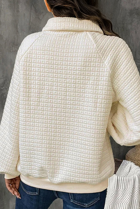 Textured Grid Knit Button Front Collared Pullover