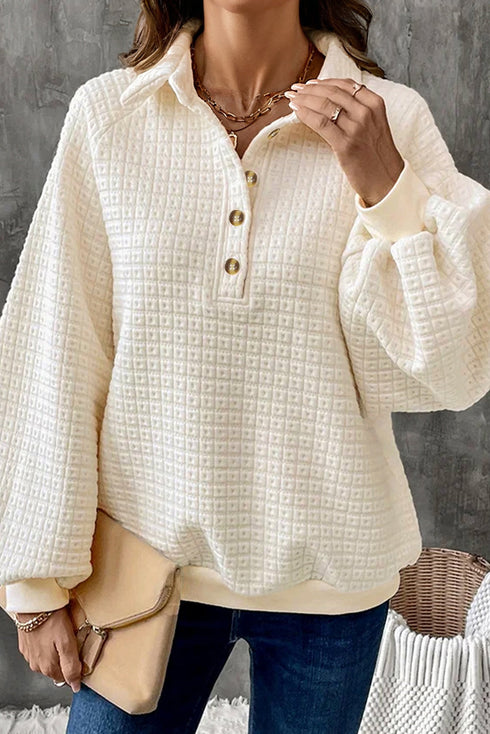 Textured Grid Knit Button Front Collared Pullover