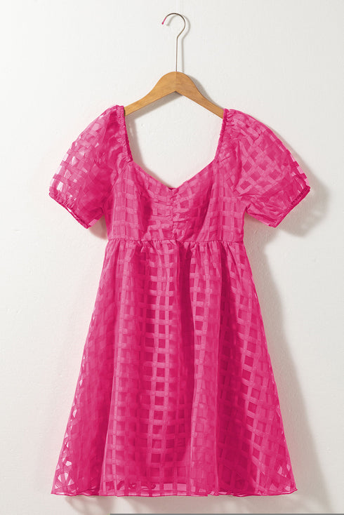 Textured Grid Puff Sleeve Babydoll Mini Dress
