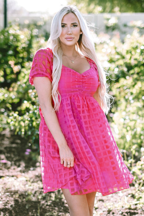 Textured Grid Puff Sleeve Babydoll Mini Dress