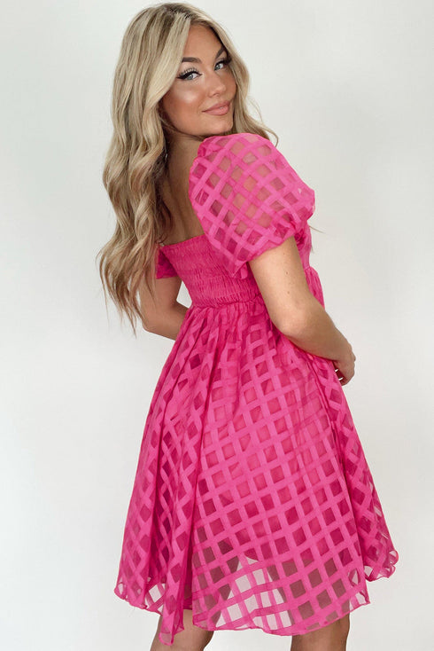 Textured Grid Puff Sleeve Babydoll Mini Dress