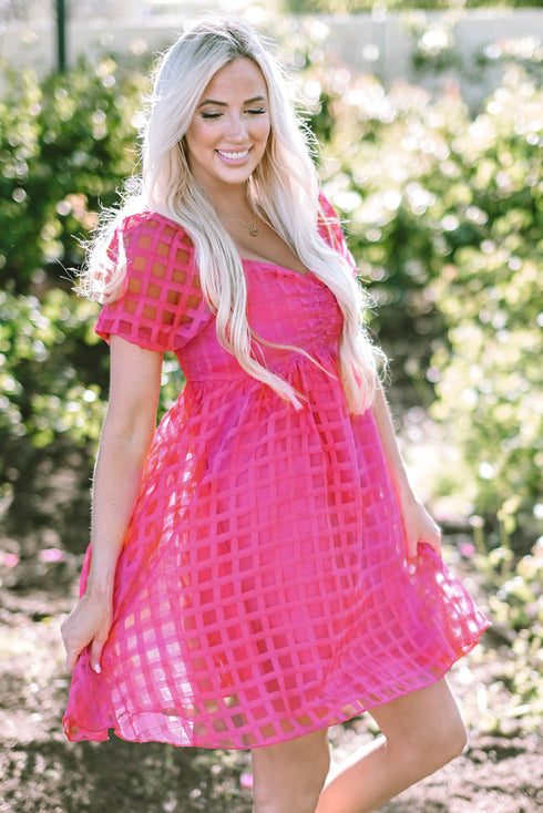 Textured Grid Puff Sleeve Babydoll Mini Dress