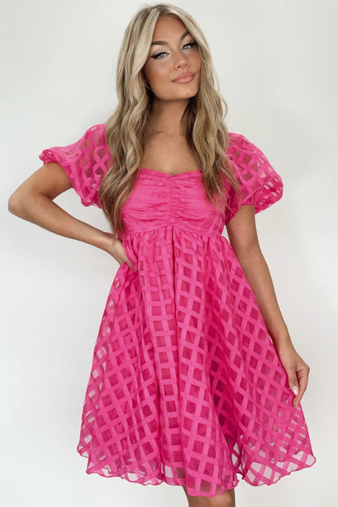 Textured Grid Puff Sleeve Babydoll Mini Dress