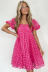 Textured Grid Puff Sleeve Babydoll Mini Dress