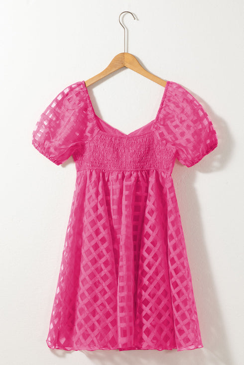 Textured Grid Puff Sleeve Babydoll Mini Dress