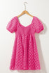 Textured Grid Puff Sleeve Babydoll Mini Dress