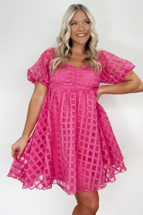Textured Grid Puff Sleeve Babydoll Mini Dress