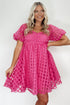 Textured Grid Puff Sleeve Babydoll Mini Dress