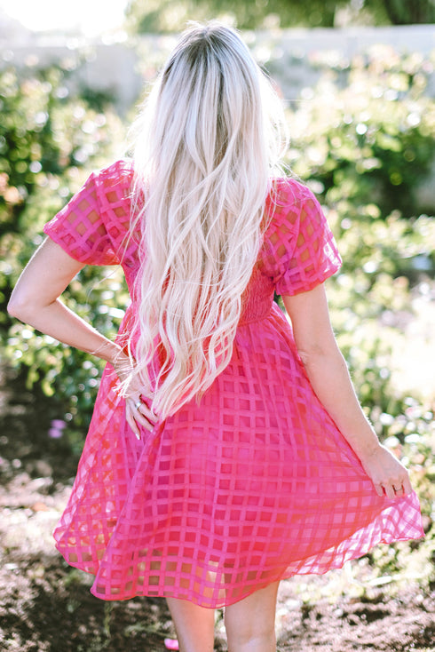 Textured Grid Puff Sleeve Babydoll Mini Dress