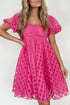 Textured Grid Puff Sleeve Babydoll Mini Dress
