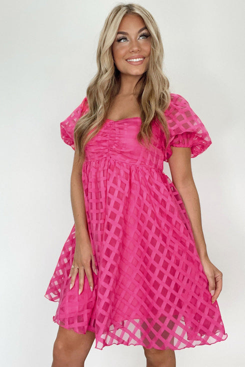 Textured Grid Puff Sleeve Babydoll Mini Dress