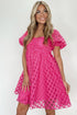 Textured Grid Puff Sleeve Babydoll Mini Dress